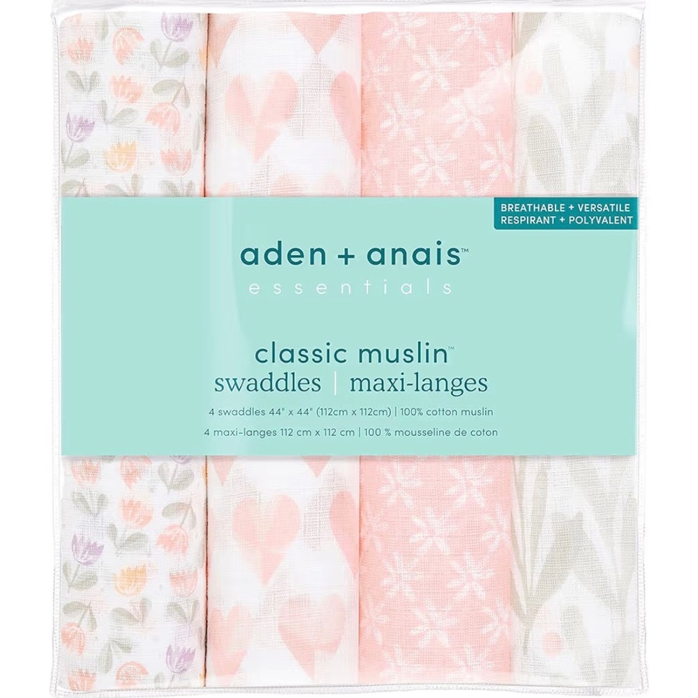 aden + anais Classic Muslin Swaddle Blankets, 100% Cotton, EUC, Pastel Floral